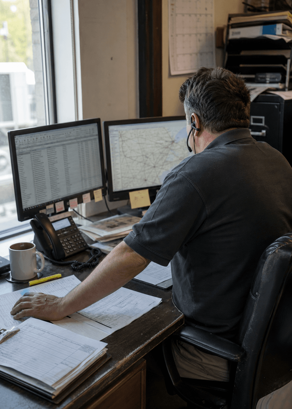 Freight operator on a headset working load boards, a lane map and carrier compliance paperwork
