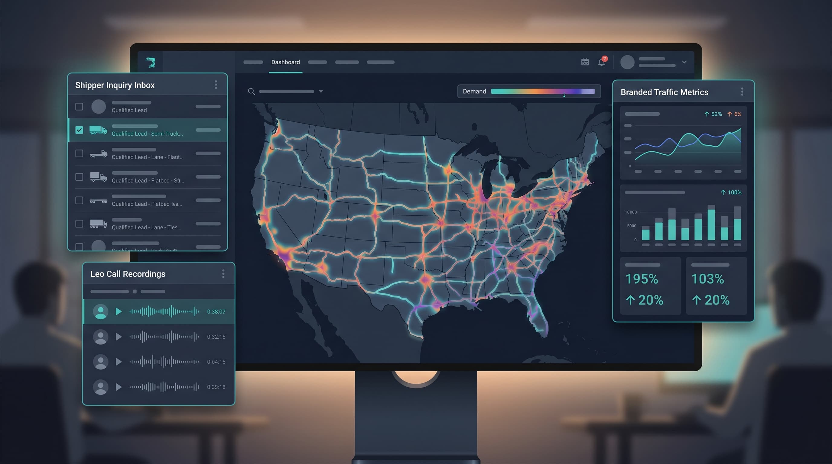 Logelo carrier dashboard showing lane demand heatmap and shipper lead inbox