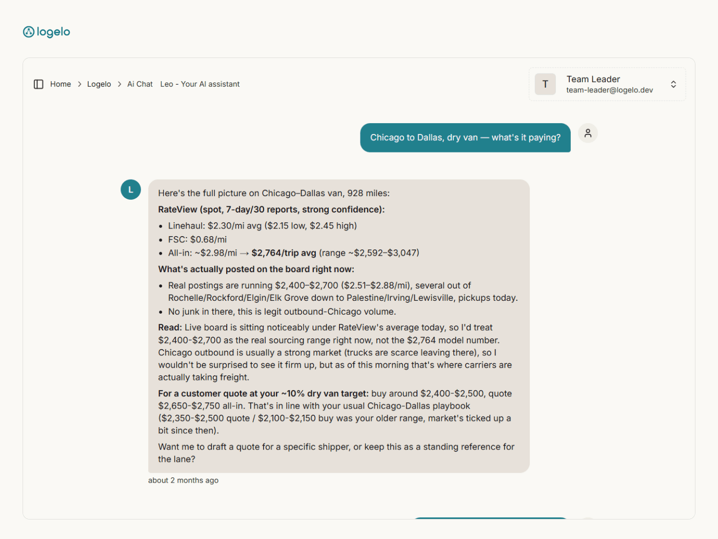 Leo answering the same lane question with rate context, live board postings, and the follow-up an operator would ask