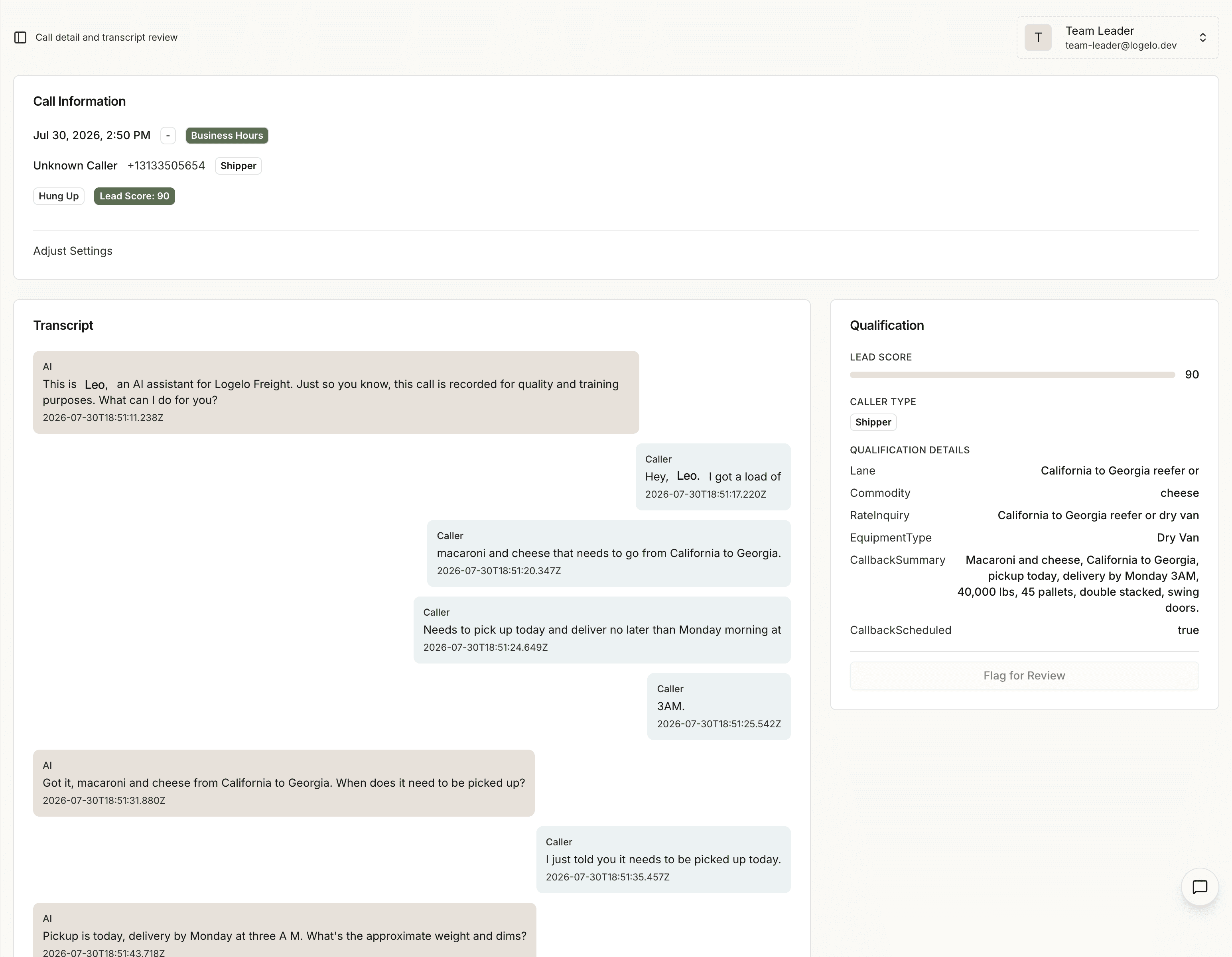 Leo call review showing the call transcript alongside the qualification detail captured from the caller