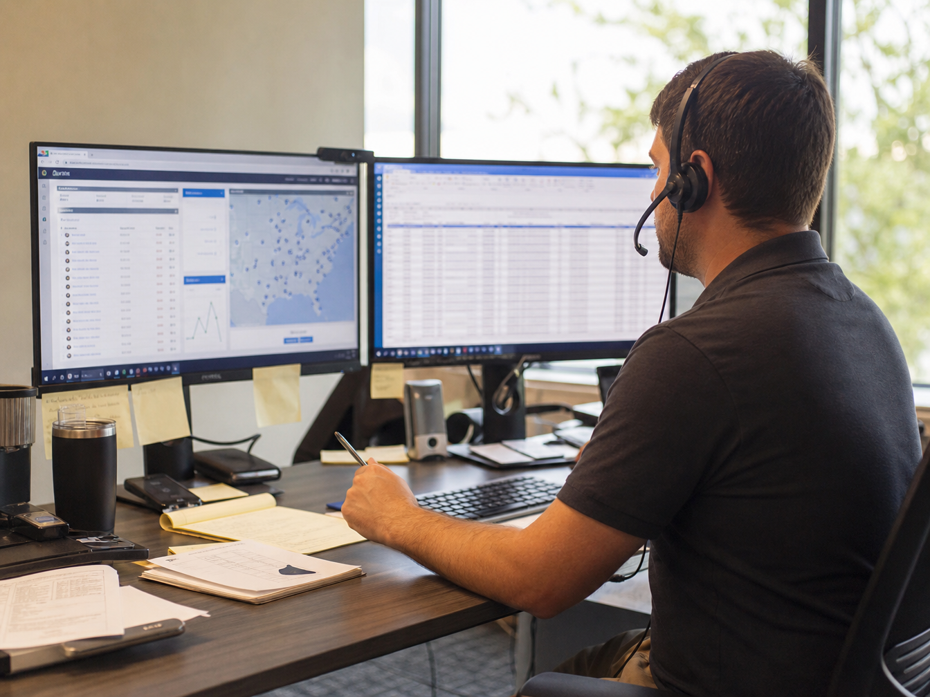 Freight broker on a headset working across two monitors